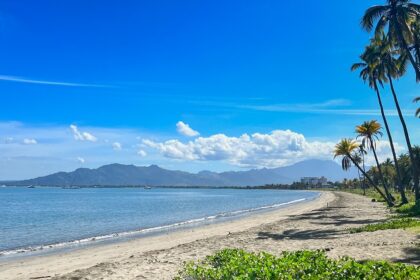 A view of a public beach with clear blue waters, soft sand, and palm trees nearby.