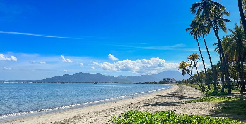 A view of a public beach with clear blue waters, soft sand, and palm trees nearby.