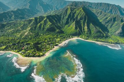 View of beautiful beaches in Hawaii with clear blue water and sandy shores.