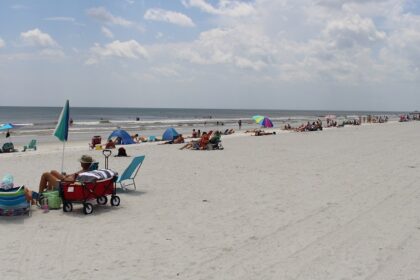 An image of beaches in Jacksonville Florida and distant buildings under a clear sky.