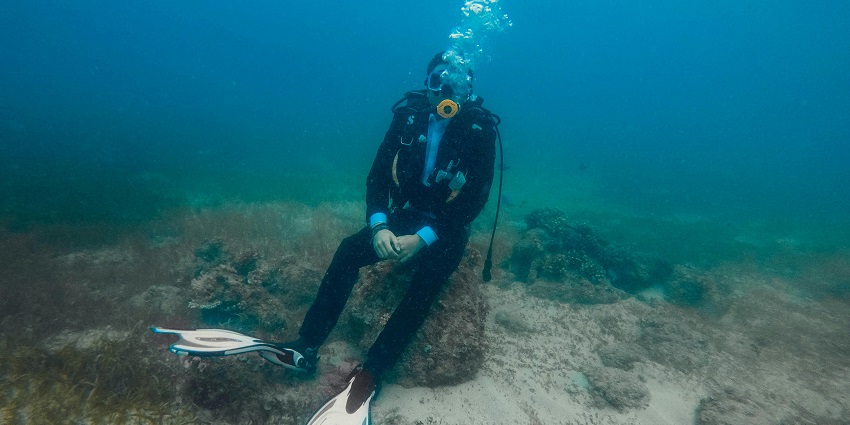 An image of a scenic view of a calm sea and sunny skies, ideal for scuba diving.