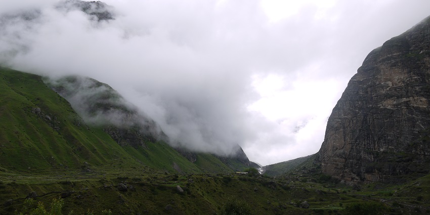 Breathtaking view of the lake near Gopinath Temple in the Chamoli region of Uttarakhand