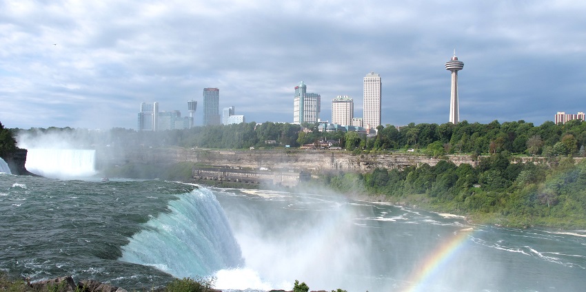 An image of Niagara Falls spanning USA and Canada, seen from Skylon Tower observation deck