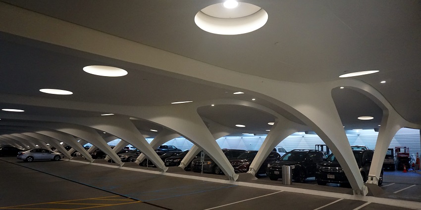 View of the Milwaukee Art Museum parking garage, with modern design and architecture