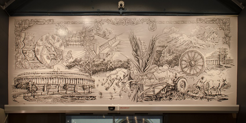 A picture of a Collage of Indian currency note motifs at Nehru Children's Museum, Kolkata.