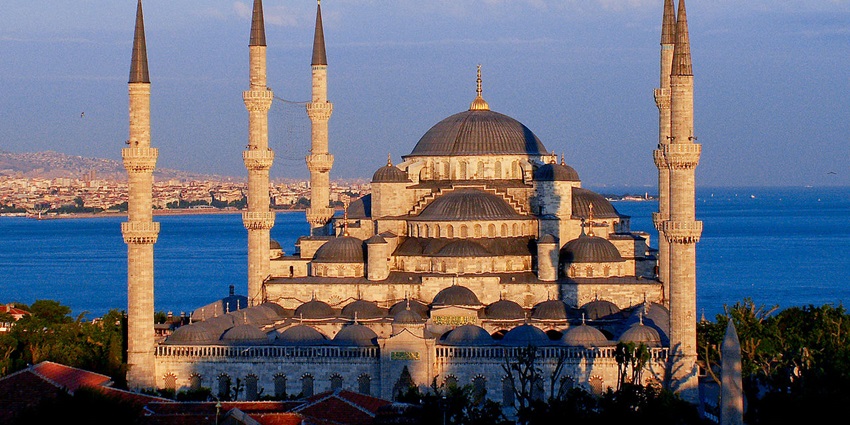Magnificent mosque with blue tiles and towering minarets in Istanbul.