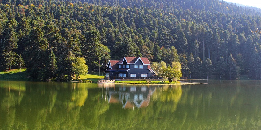 Scenic town surrounded by forests, lakes, and mountain landscapes.