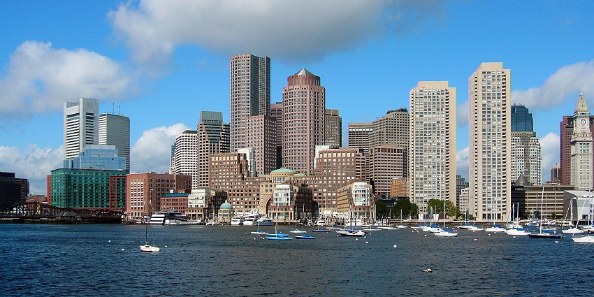 The panorama view of the three-segment Boston Skyline located in the heart of Boston