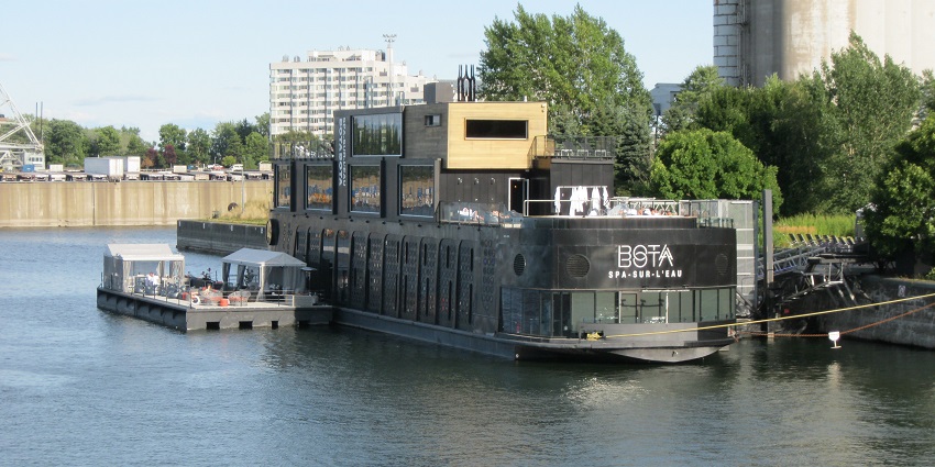 A picture shows the Bota Bota Spa which is a floating spa on the Saint Lawrence River.