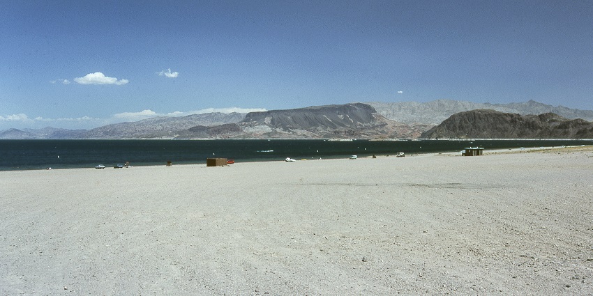 An image of the big sandy Boulder Beach, a famous beach in Las Vegas, along with Mead Lake.