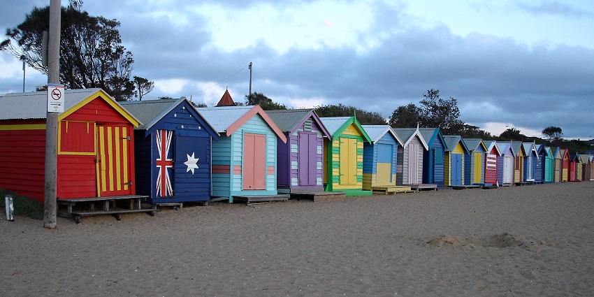 Brighton Beach in Melbourne has iconic and panoramic bathing boxes.