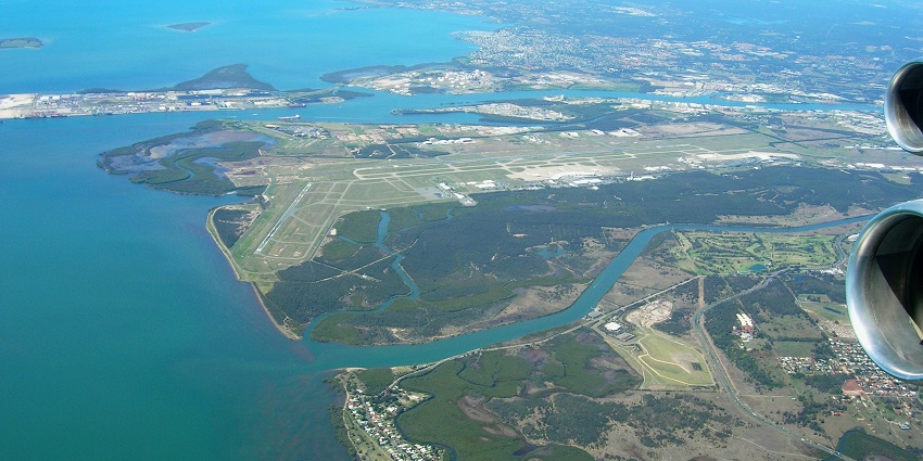 Aerial view of the Brisbane Airport - one of the top airports in Australia and a travel hub.