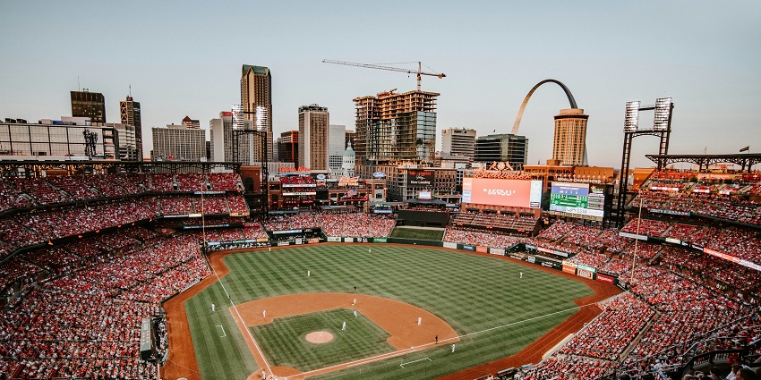 Panoramic view of the Busch stadium during a game showing several spectators in Missouri