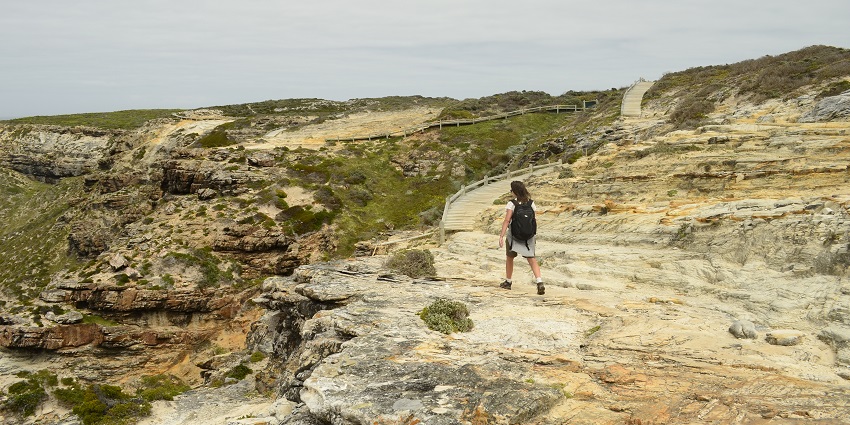 A tourist hiking alone in the beautiful cliffs of Cape Point Nature Reserve