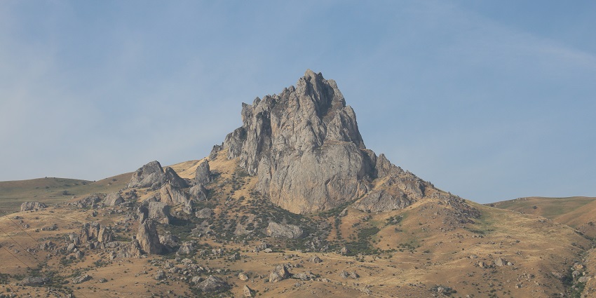 Majestic mountain Besh Barmag with unique rock formations resembling five fingers.