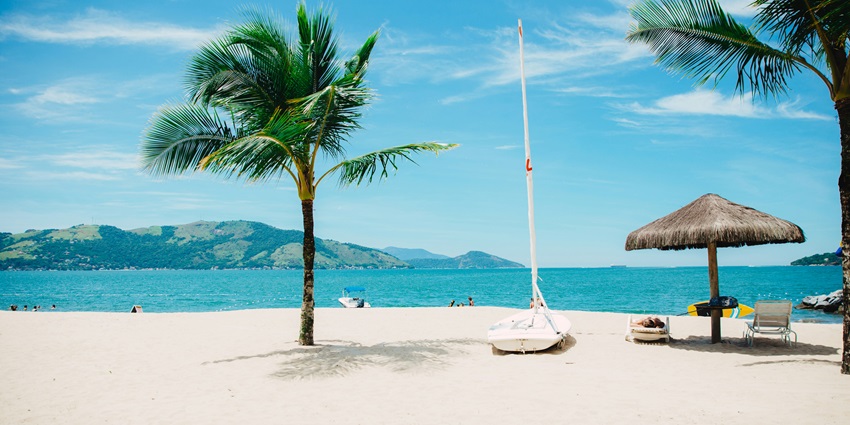 Image of a beach with coconut trees on a sandy shore with mountains in the background.