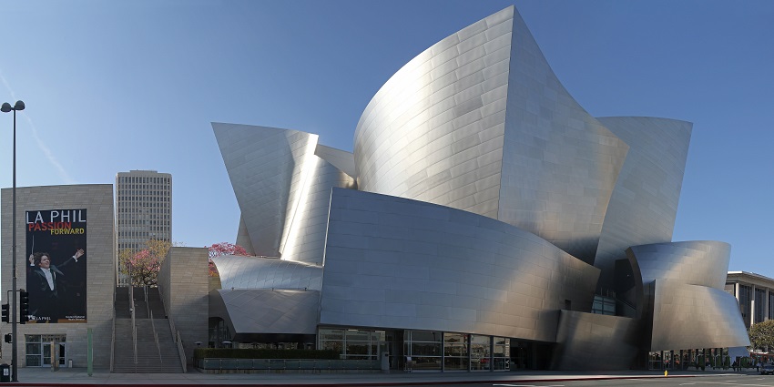 A musical show’s poster outside the Walt Disney Concert Hall in Los Angeles, California.