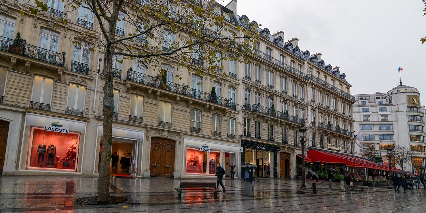 Iconic Parisian Avenue has shops, cafes, and historic landmarks