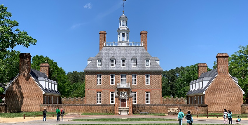 Facade of the Governor’s Palace, a restored historic landmark in Colonial Williamsburg.