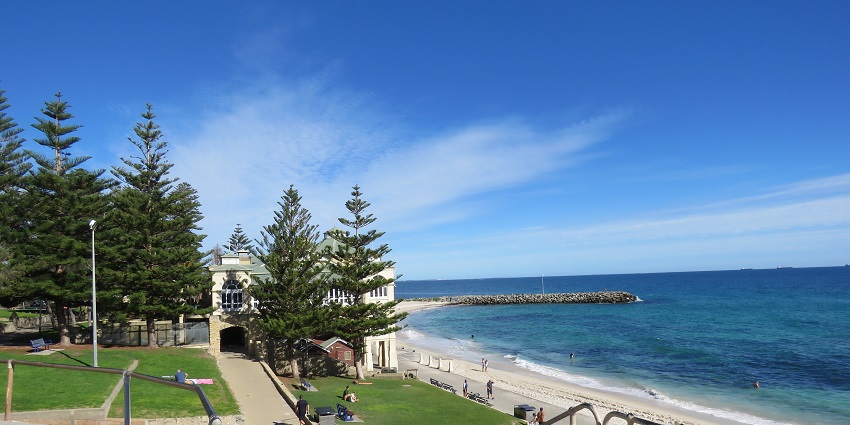 Golden sands and crystal-clear water of Cottesloe Beach, a place near Rottnest Island