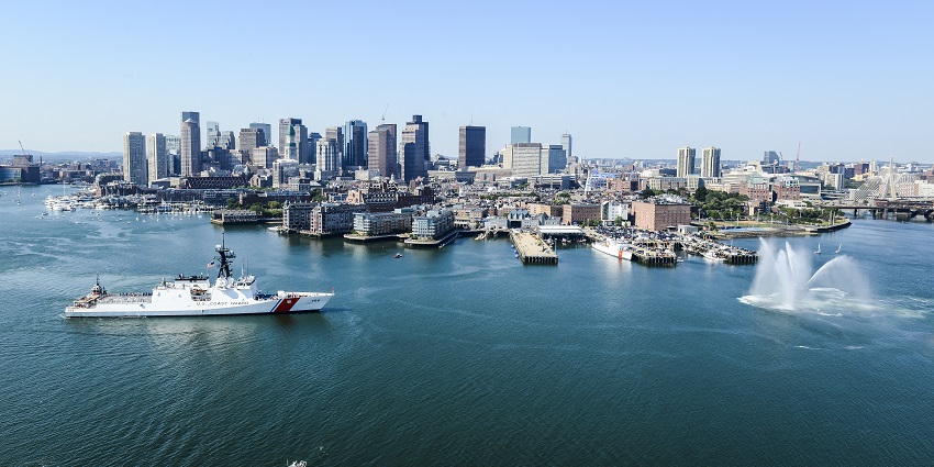 A U.S. Coast Guard ship prepares to dock in Boston Harbor in Massachusetts, USA.