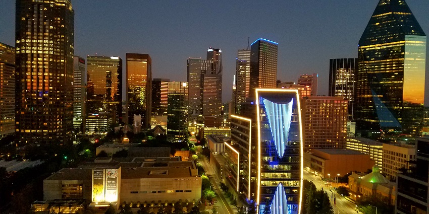The aerial view of the downtown Skyline of Dallas with the Dallas Art District in Texas.