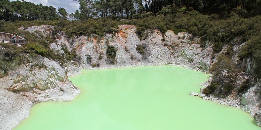 The Bright lime green pool of water in places to visit in New Zealand in November.