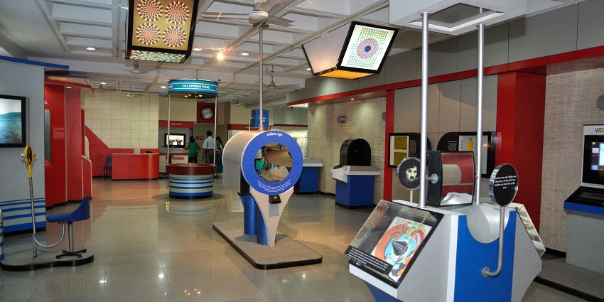 A view of science interactive exhibits at the destination.