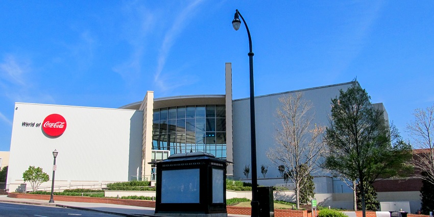 The entrance picture of World of Coca-Cola with its Coca-Cola logo in Atlanta, Georgia.