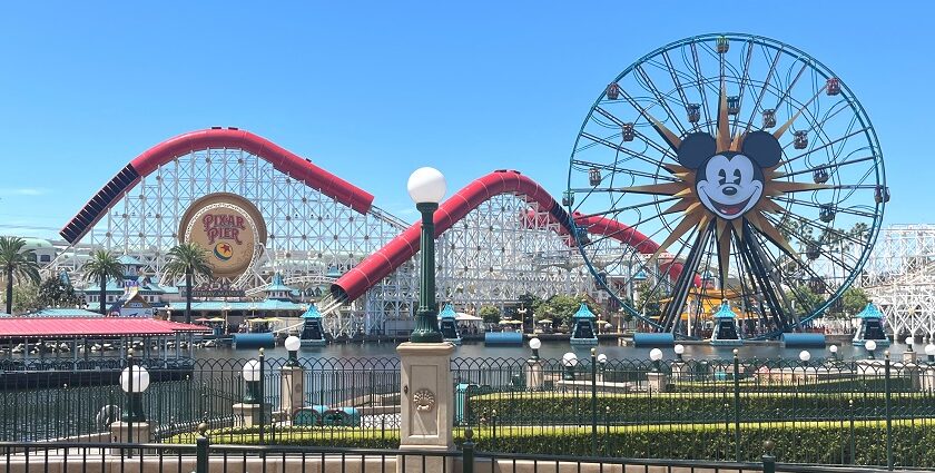 View of Disney's California Adventure Park with Ferris wheel and roller coaster rides