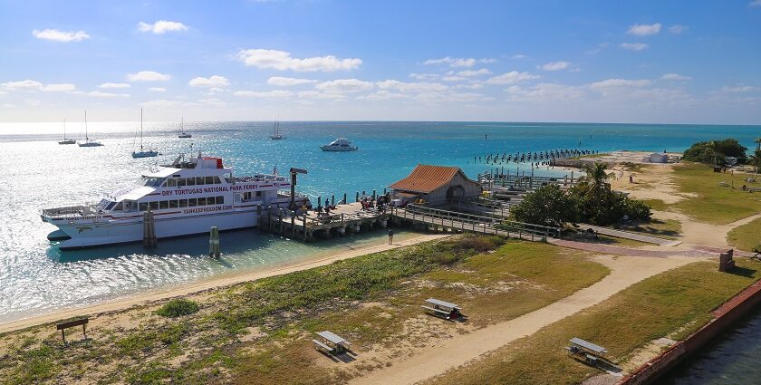 A panoramic view of Dry Tortugas National Park showing the historic Fort Jefferson.