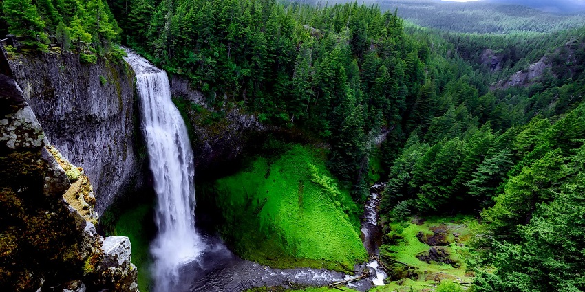 An image of a waterfall surrounded by rocks and lush greenery
