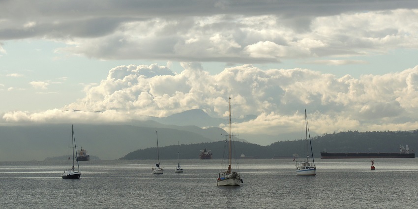 On a clear day, English Bay is looking peaceful, with lush greenery and a mountain view.