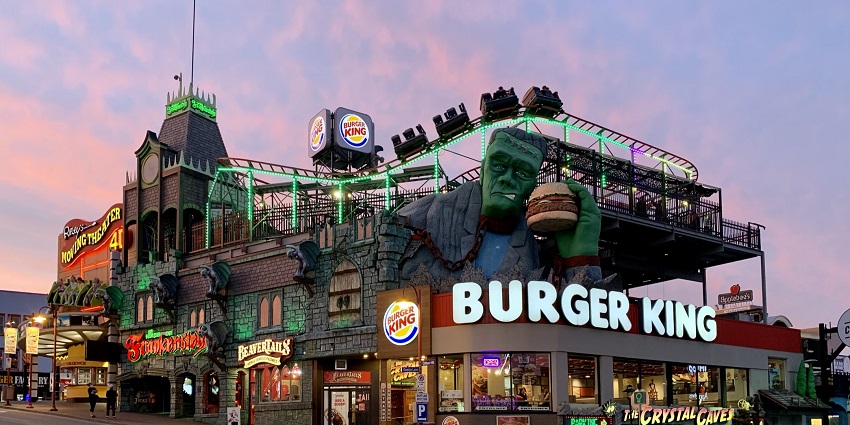 Burger King Restaurant with a mini roller-coaster on the top, Clifton Hills, Ontario.