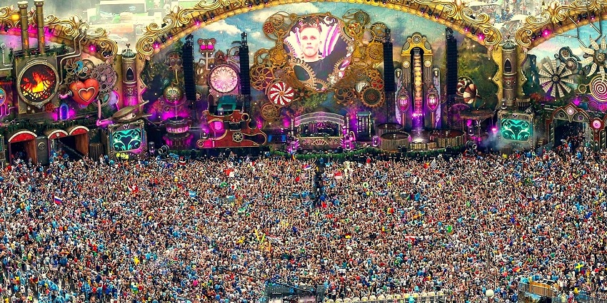 Themed music stages offer immersive experiences and performances in tomorrowland.