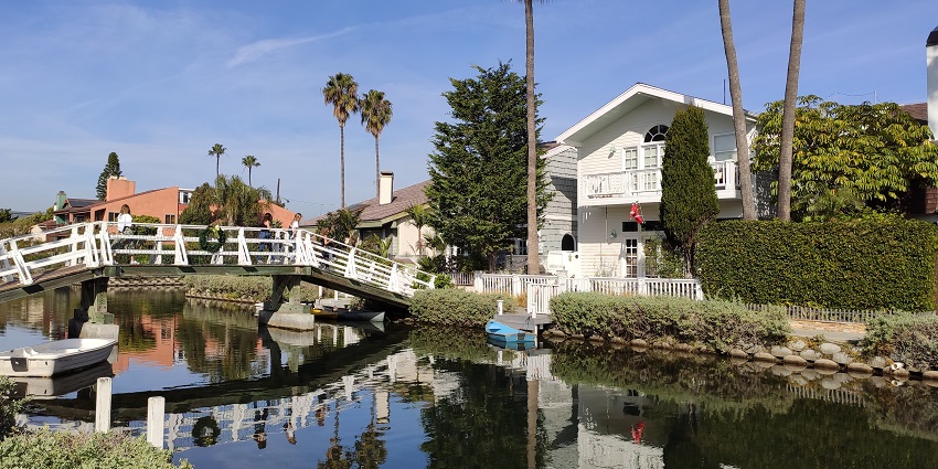 A view of beautiful bungalows near the famous Venice Canals in Los Angeles, California.