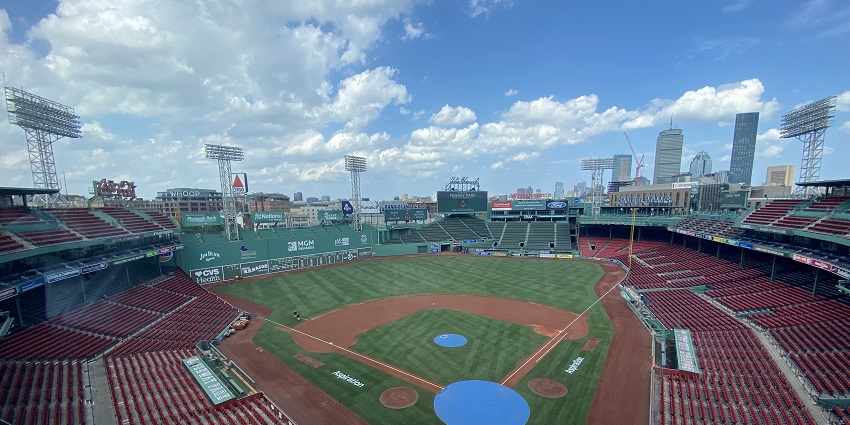 A capture of Fenway Park from the press box with the stadium, seats and lights in full view