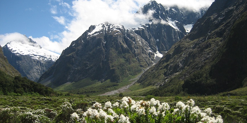 Fiordland National park with high rocky cliffs and pristine lakes.
