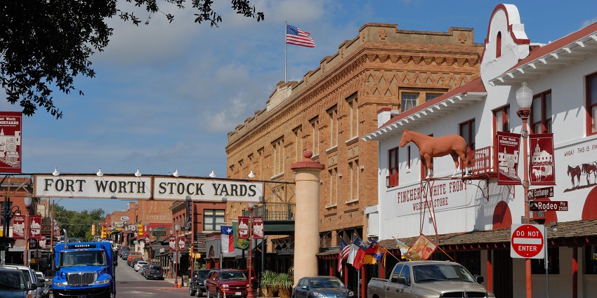 The street picture of the Forth Worth Stockyards and the Stockyards Hotel in Texas.
