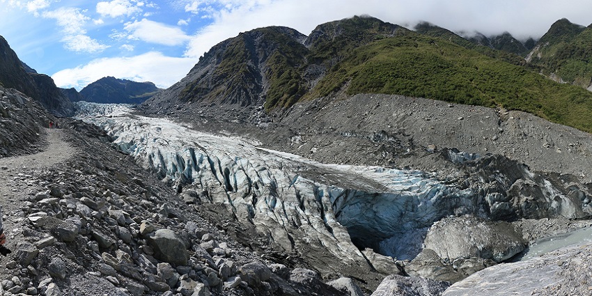 Deep valley seen while skydiving at the Fox Glacier in New Zealand