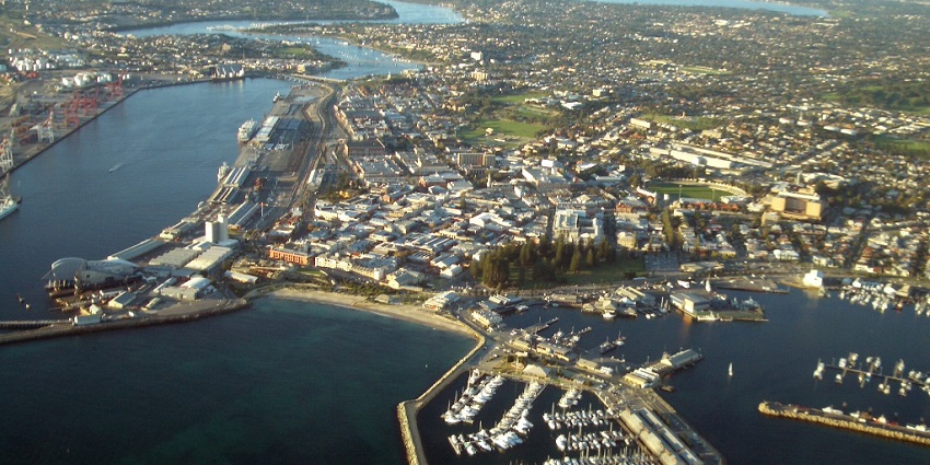An aerial view of Fremantle, offers a cultural experience near Rottnest Island.