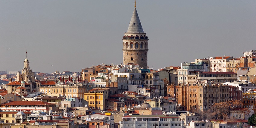Medieval stone tower providing panoramic views of Istanbul's skyline.