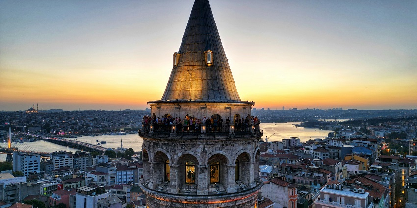 A view of a historic tower offering panoramic views of Istanbul's skyline and landmarks.