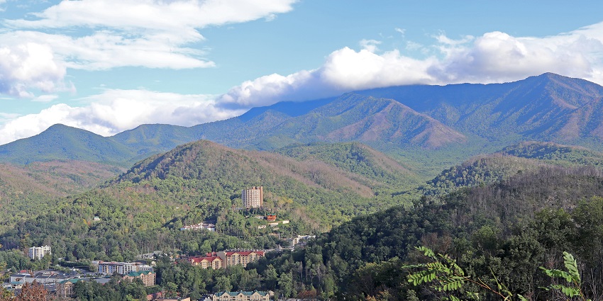 A view of a beautiful street of Gatlinburg in Tennessee, one of the best hill stations in USA.