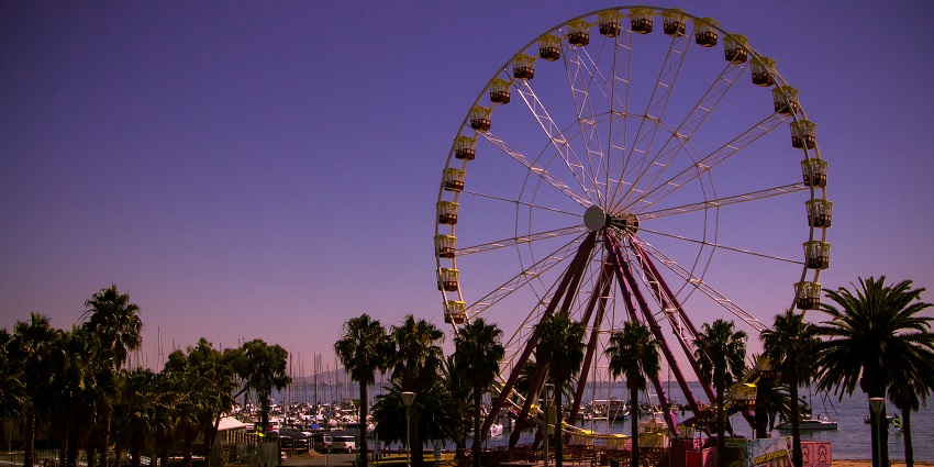 Aerial view of a giant Ferris Wheel while skydiving in Melbourne at Geelong