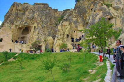 Goreme Open Air Museum features churches and Byzantine frescoes in Cappadocia.