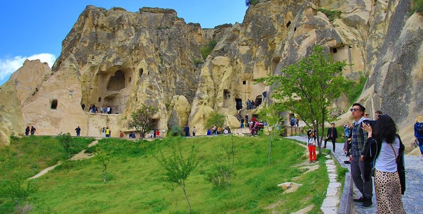 Goreme Open Air Museum features churches and Byzantine frescoes in Cappadocia.