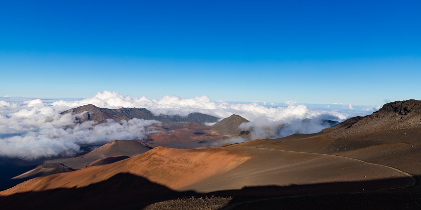 An image of Haleakala Crater near Haleakala National Park with volcanic terrain.