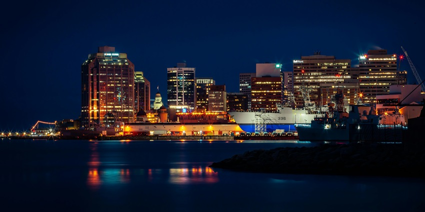 Image of Halifax skyline view at night with vibrant lights and stunning architecture view to explore