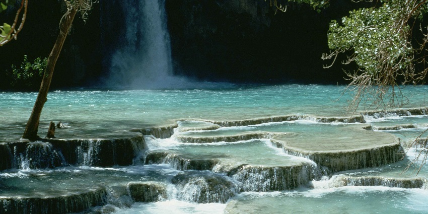 Charming view of Havasu Falls, one of the best waterfalls in the US, with turquoise pools.